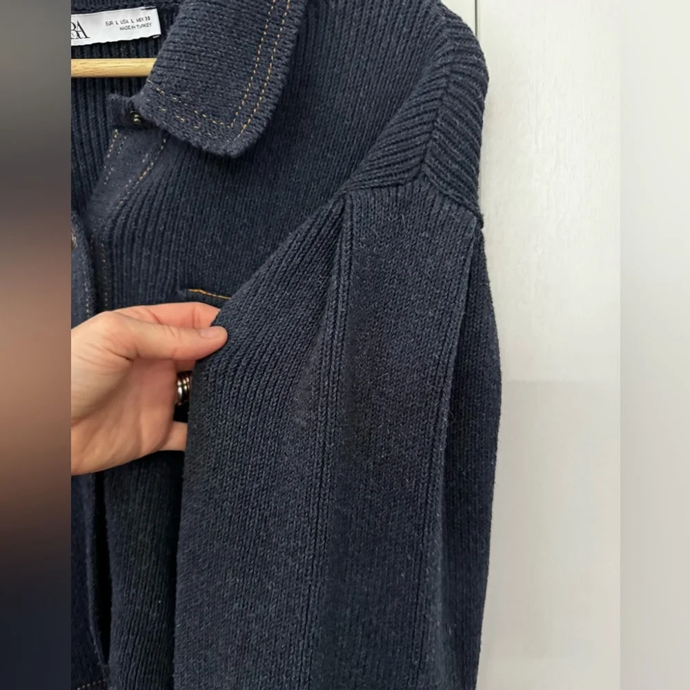 Zara Heavy Knit Cropped Jacket | Quiet Luxury Navy - Picture 6 of 11